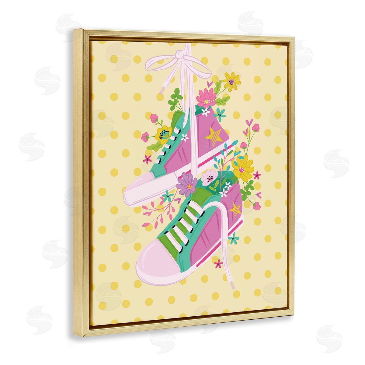 Preppy Floral Sneakers Gold Floating Frame Canvas Wall Art, Home Decor by Lisa Perry Whitebutton