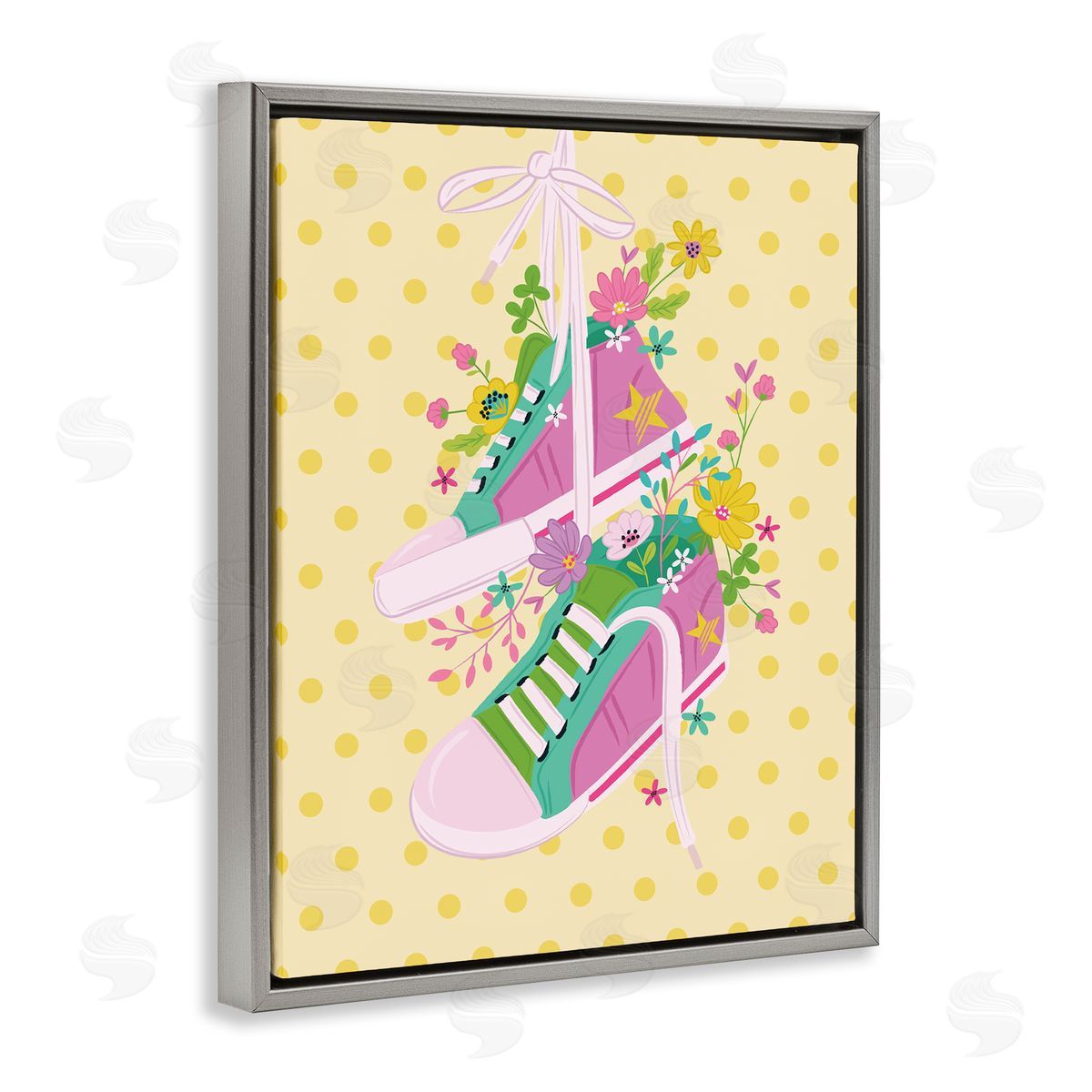 Preppy Floral Sneakers Grey Floating Frame Canvas Wall Art, Home Decor by Lisa Perry Whitebutton