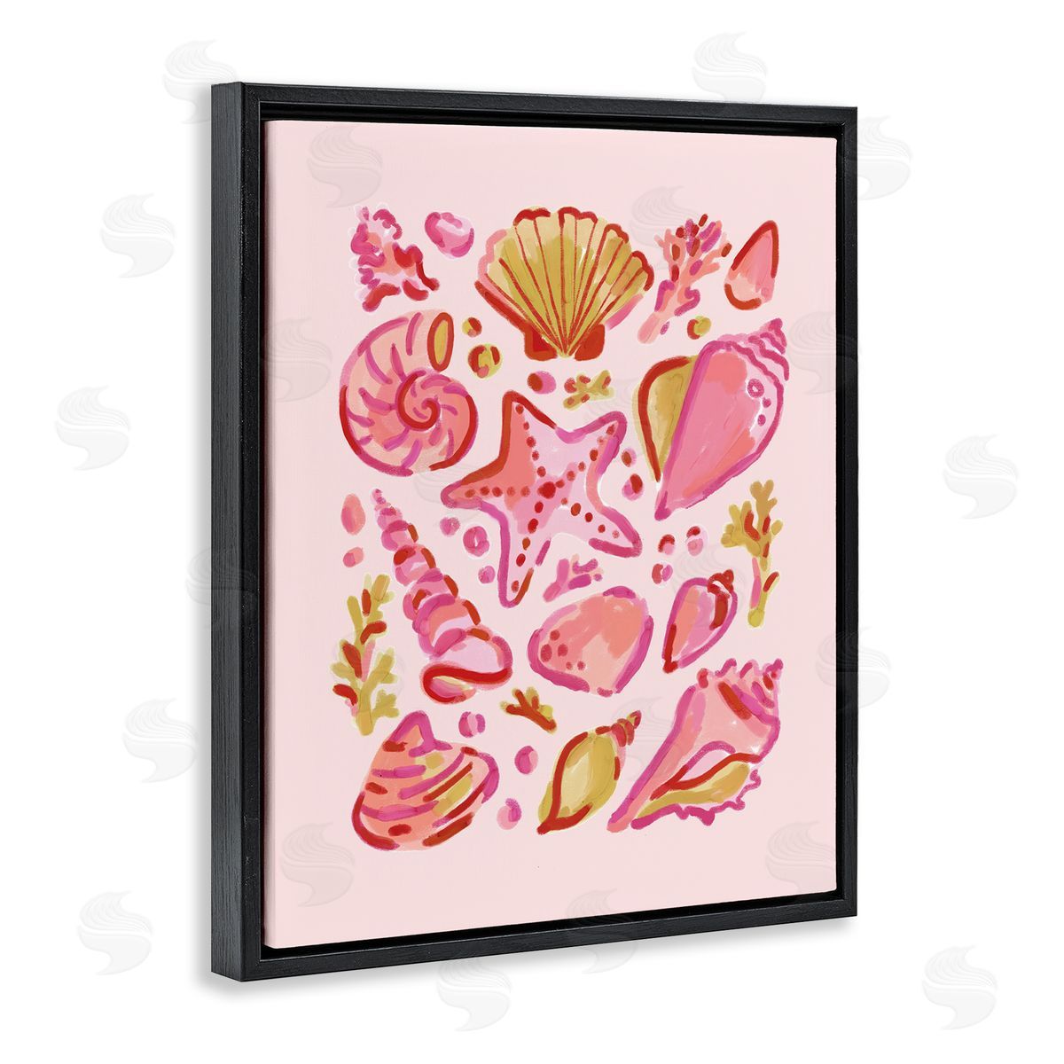 Pink Sea Life Collection Black Floating Frame Canvas Wall Art, Home Decor by Nina Muis Surface Design