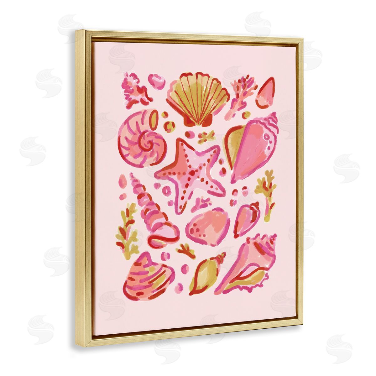 Pink Sea Life Collection Gold Floating Frame Canvas Wall Art, Home Decor by Nina Muis Surface Design