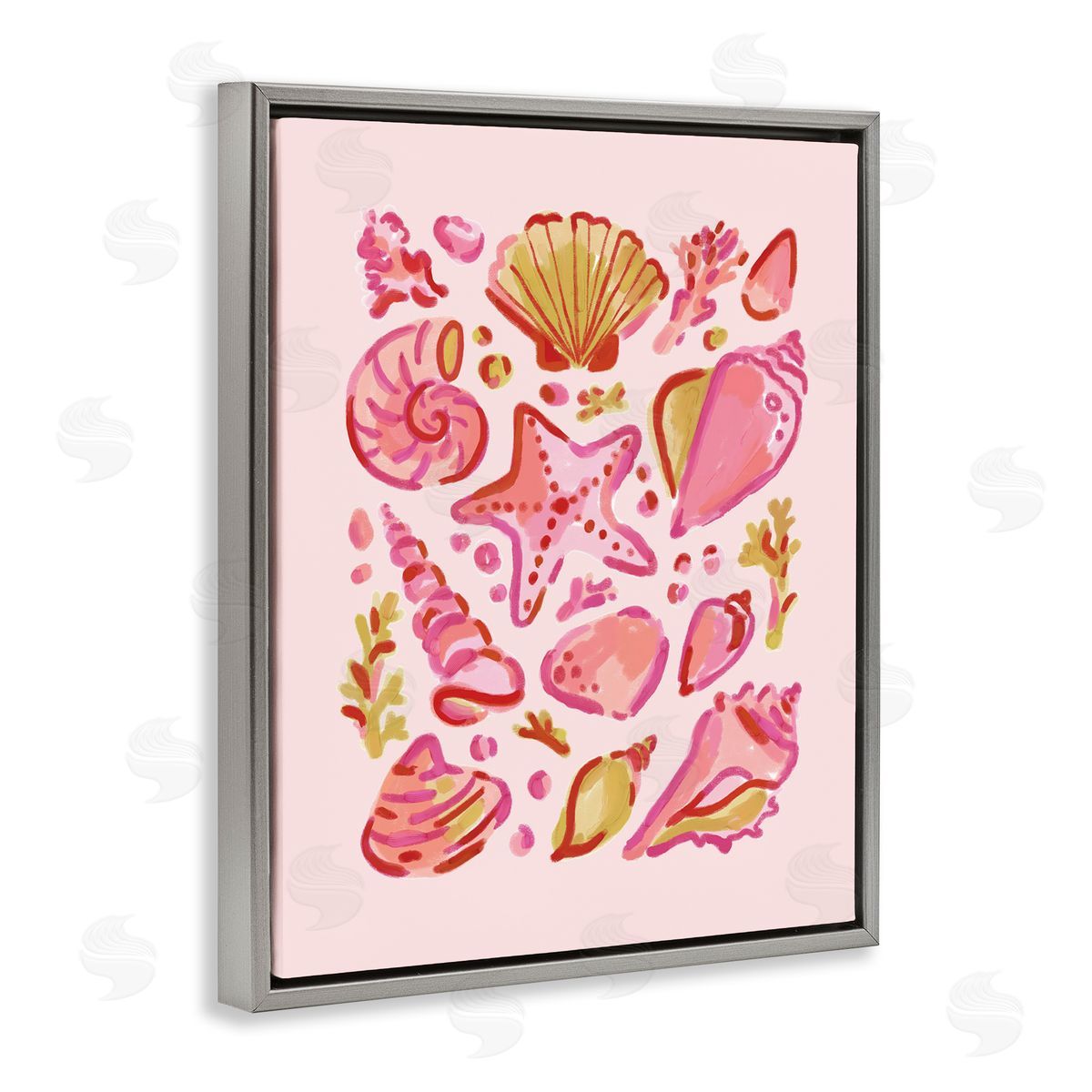Pink Sea Life Collection Grey Floating Frame Canvas Wall Art, Home Decor by Nina Muis Surface Design