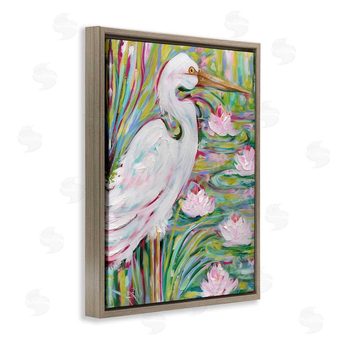 Great White Egret & Lotus Brown Floating Frame Canvas Wall Art, Home Decor by Estelle Grengs
