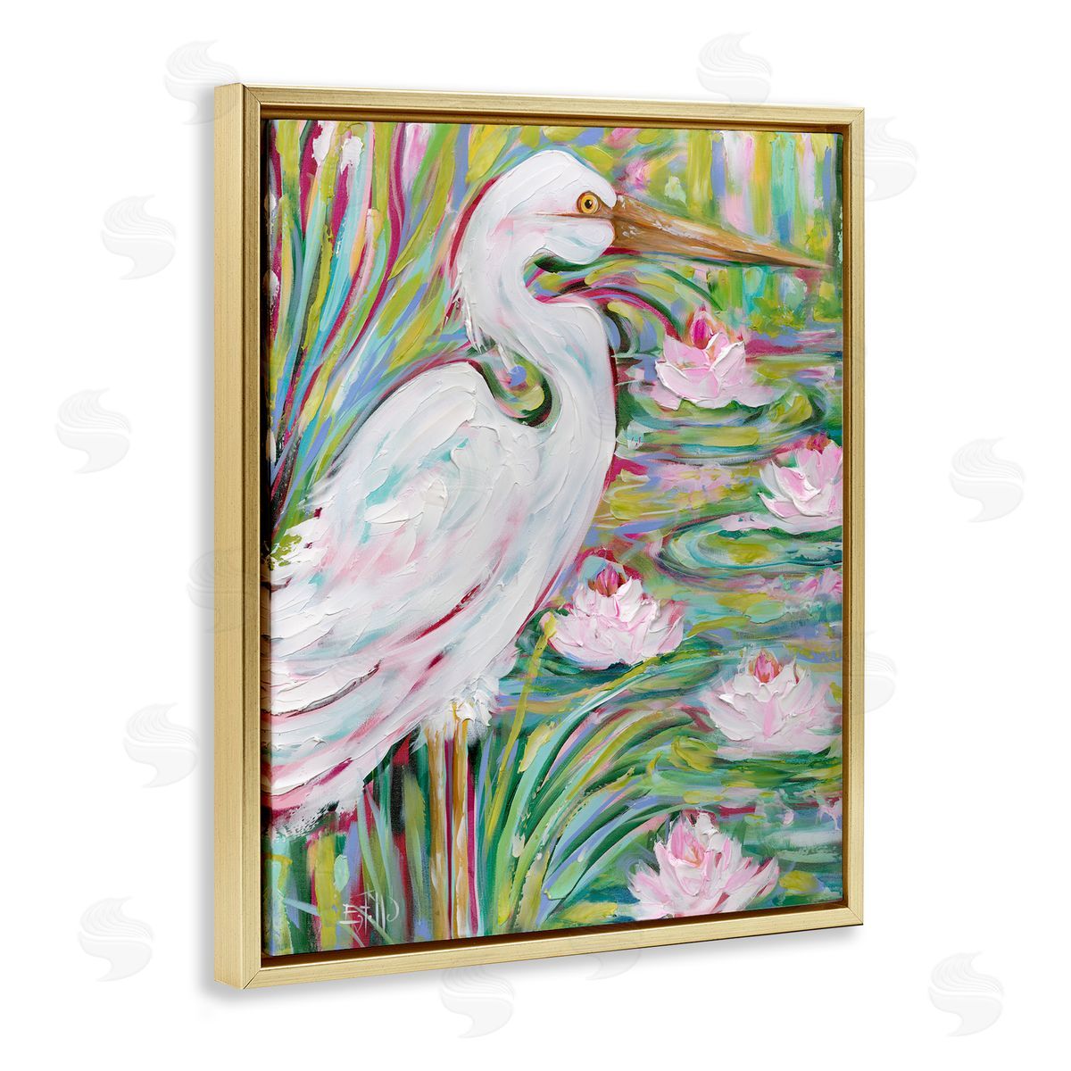 Great White Egret & Lotus Gold Floating Frame Canvas Wall Art, Home Decor by Estelle Grengs
