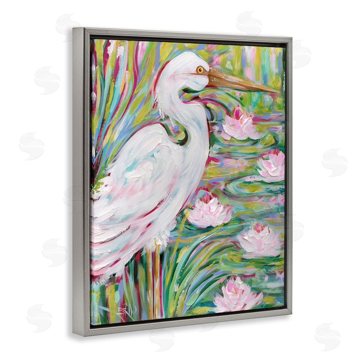 Great White Egret & Lotus Grey Floating Frame Canvas Wall Art, Home Decor by Estelle Grengs