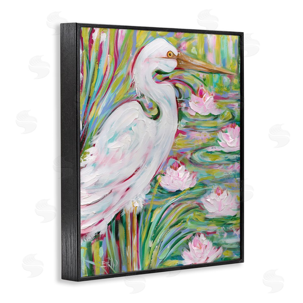 Great White Egret & Lotus Black Frame Print Wall Art, Home Decor by Estelle Grengs
