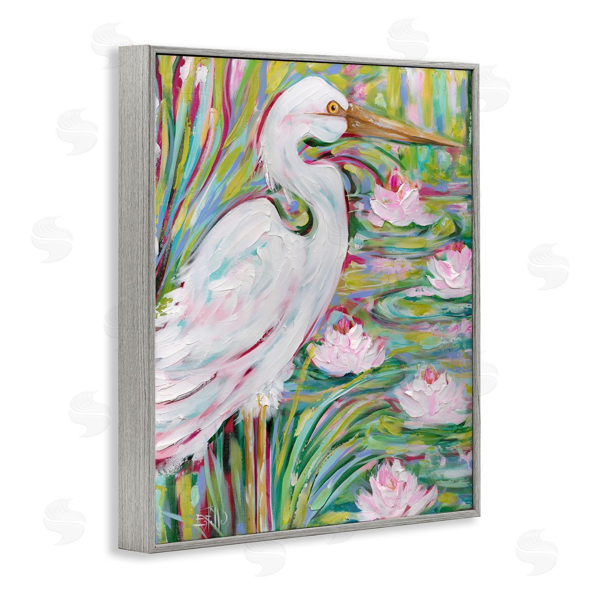 Great White Egret & Lotus Grey Frame Print Wall Art, Home Decor by Estelle Grengs