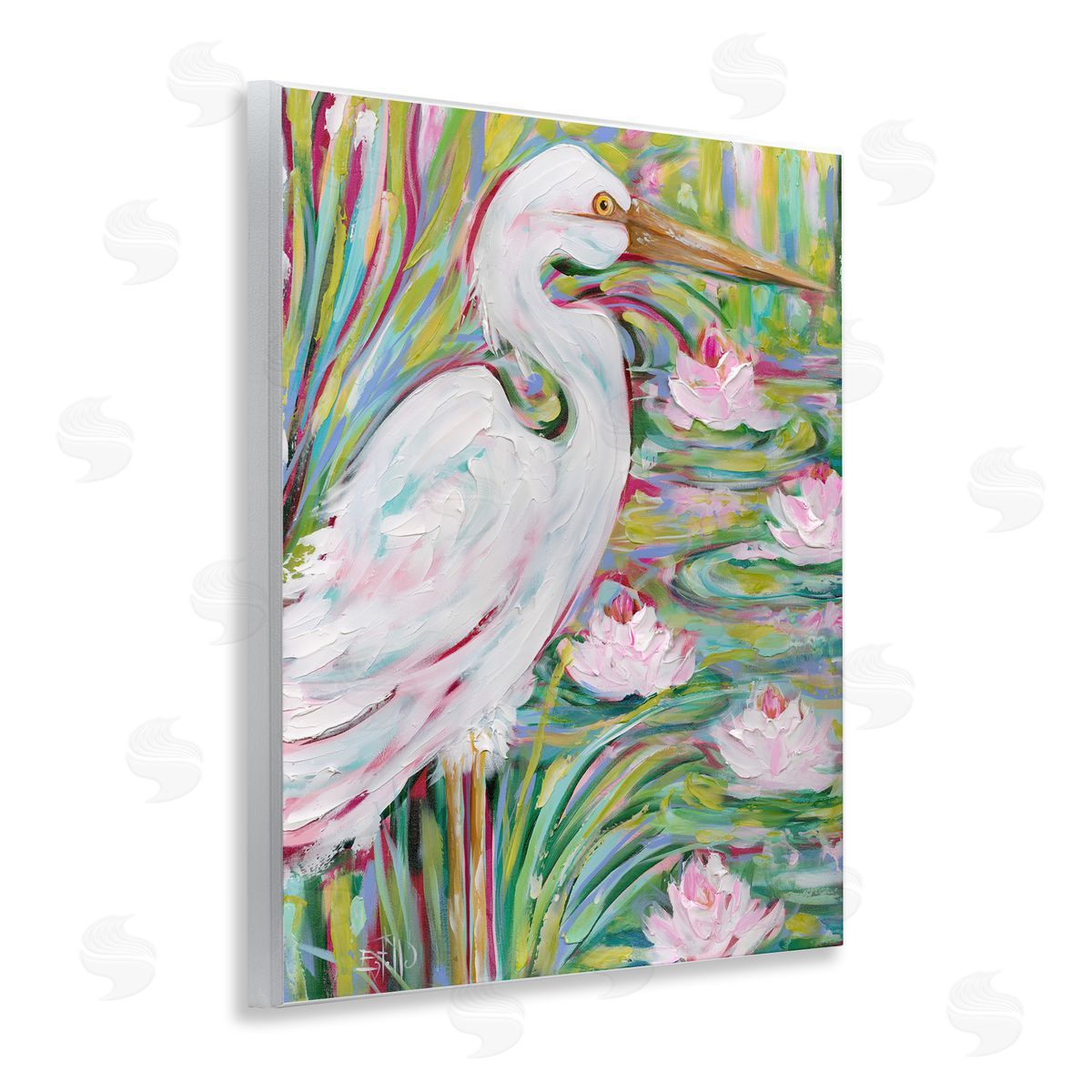 Great White Egret & Lotus Wood Plaque Wall Art, Home Decor by Estelle Grengs