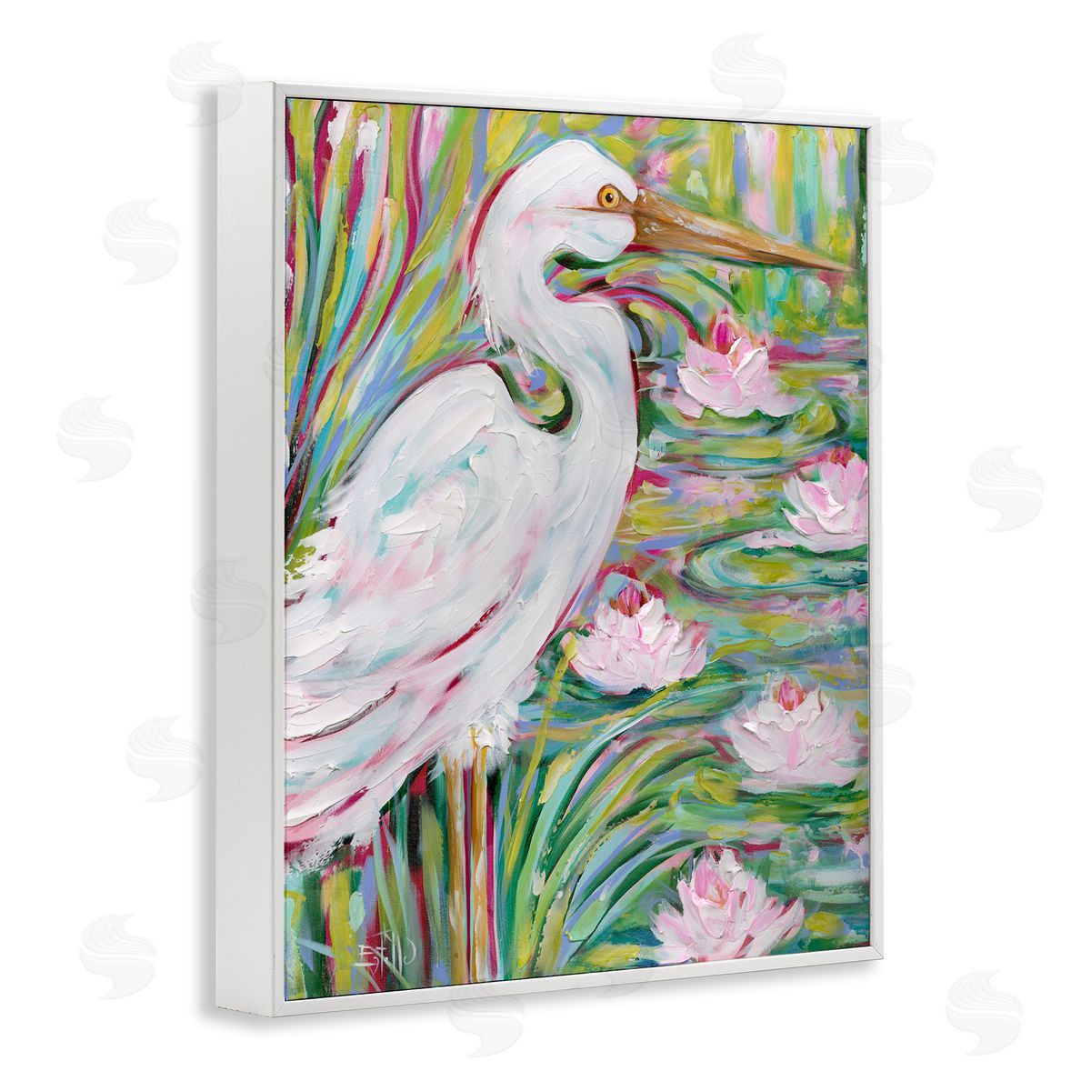 Great White Egret & Lotus White Frame Print Wall Art, Home Decor by Estelle Grengs