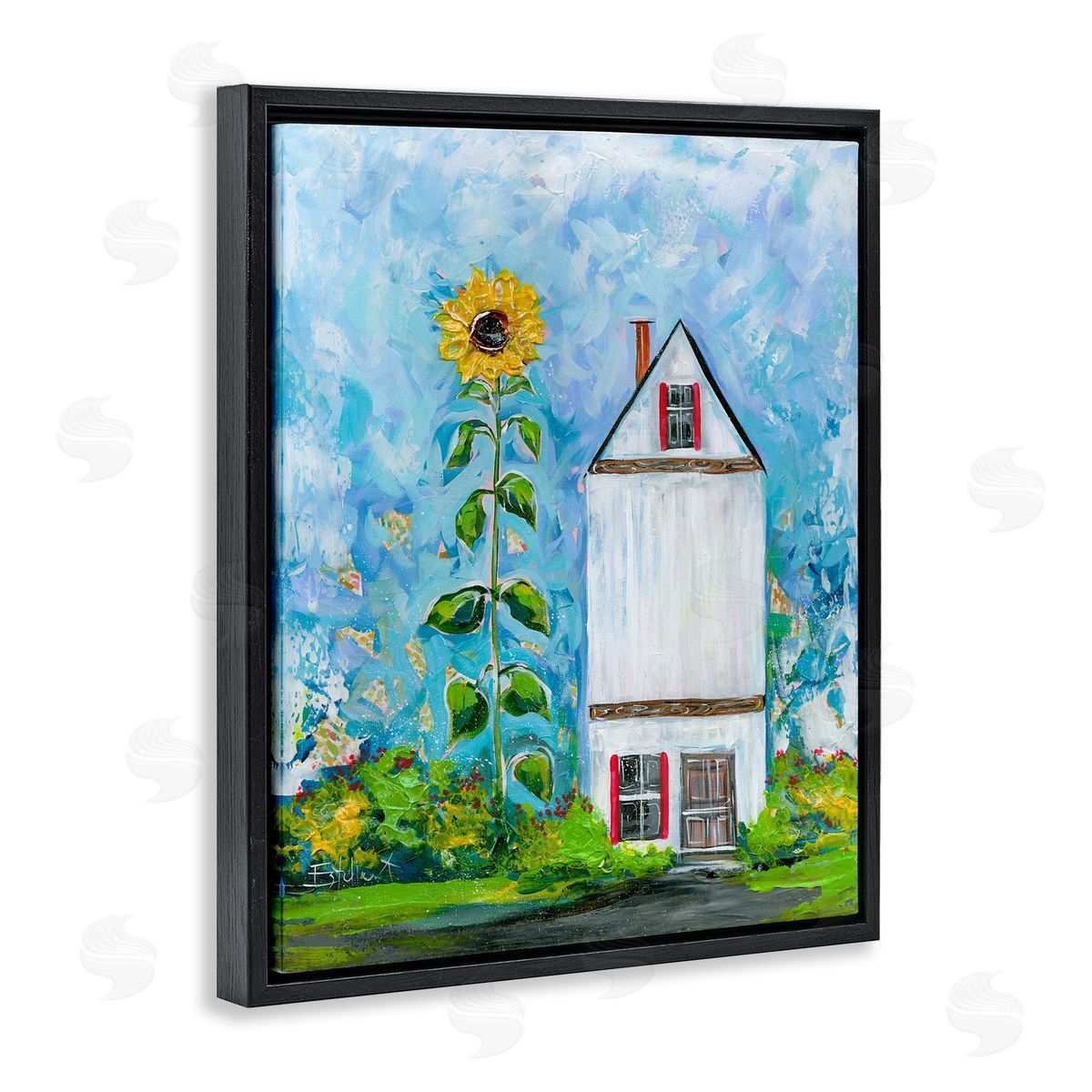 Giant Sunflower & House Black Floating Frame Canvas Wall Art, Home Decor by Estelle Grengs