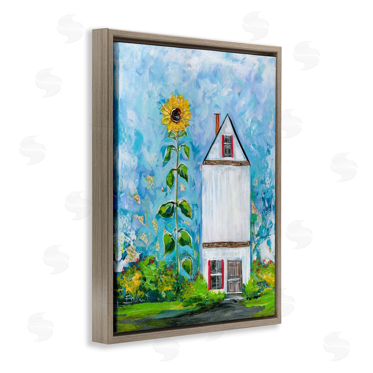 Giant Sunflower & House Brown Floating Frame Canvas Wall Art, Home Decor by Estelle Grengs