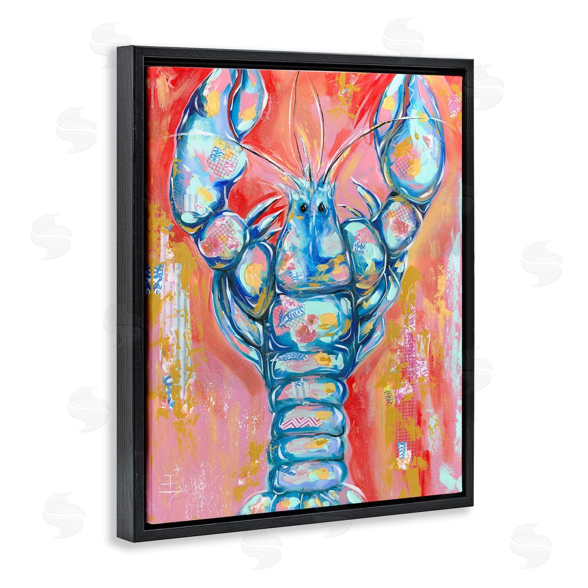 Abstract Patchwork Lobster Black Floating Frame Canvas Wall Art, Home Decor by Estelle Grengs