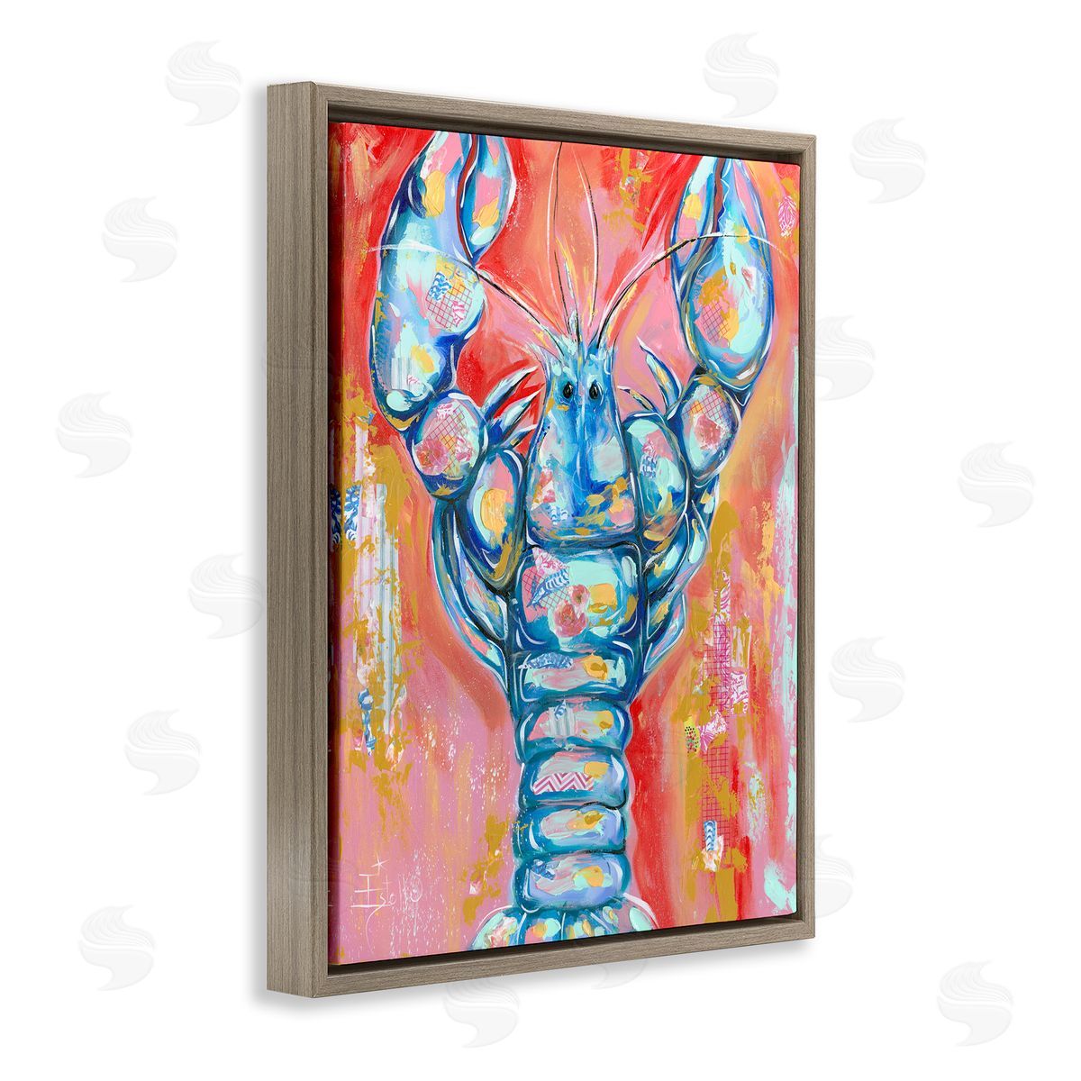 Abstract Patchwork Lobster Brown Floating Frame Canvas Wall Art, Home Decor by Estelle Grengs