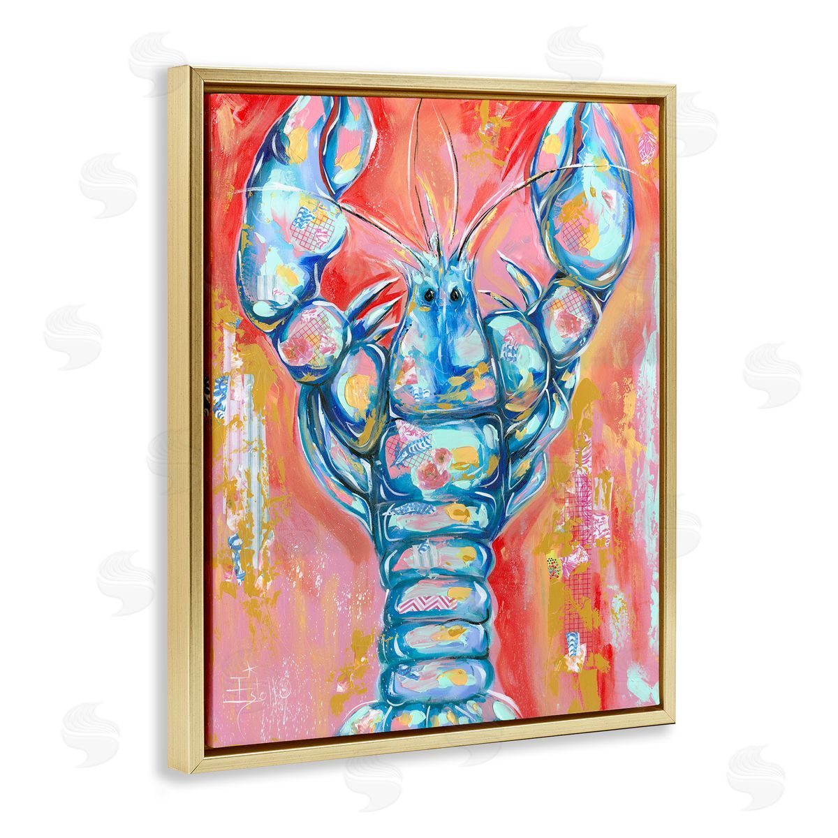 Abstract Patchwork Lobster Gold Floating Frame Canvas Wall Art, Home Decor by Estelle Grengs