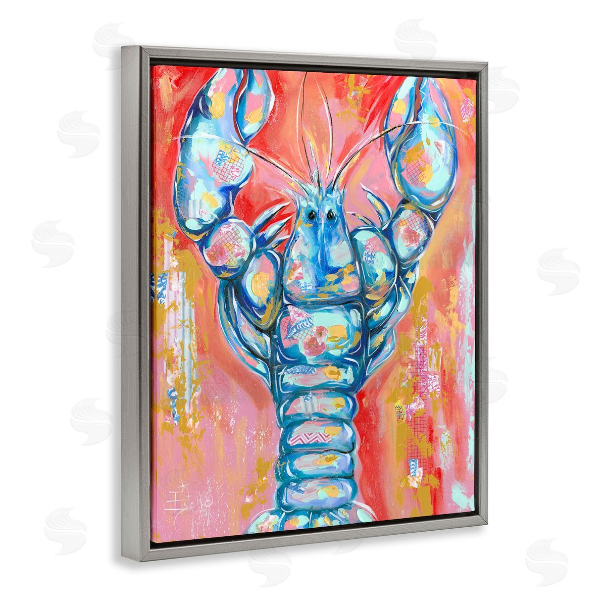 Abstract Patchwork Lobster Grey Floating Frame Canvas Wall Art, Home Decor by Estelle Grengs