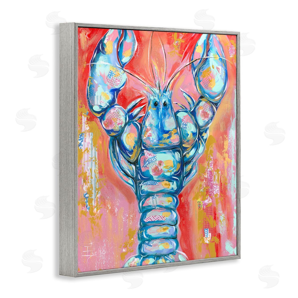Abstract Patchwork Lobster Grey Frame Print Wall Art, Home Decor by Estelle Grengs