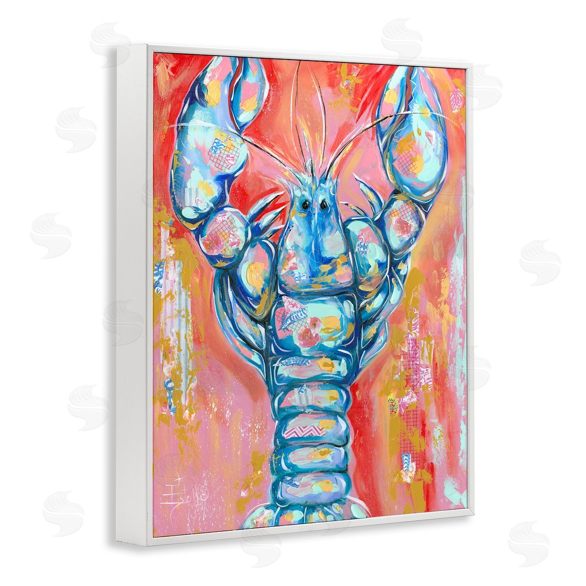 Abstract Patchwork Lobster White Frame Print Wall Art, Home Decor by Estelle Grengs