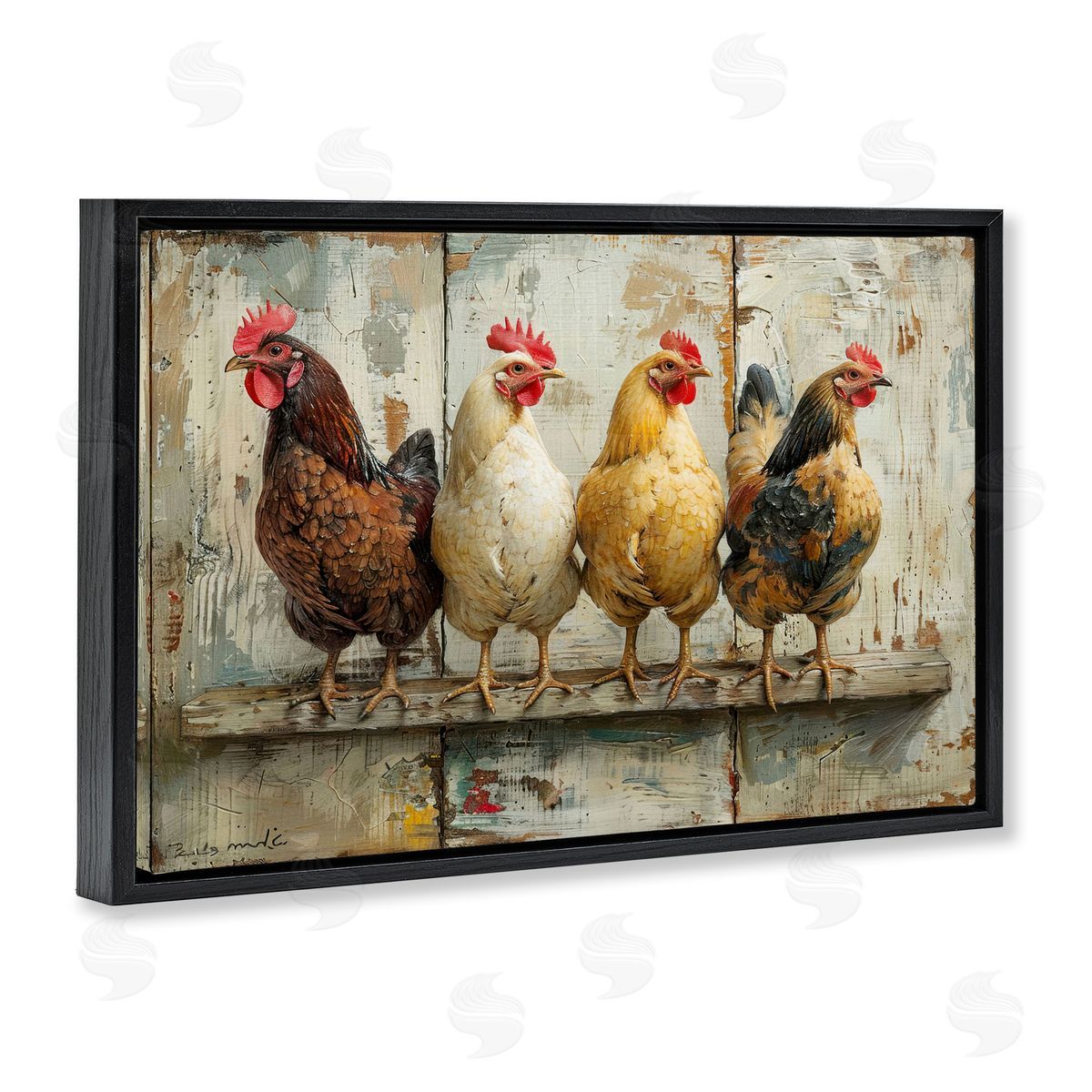 Chickens In A Row Black Floating Frame Canvas Wall Art, Home Decor by LSR Design Studio