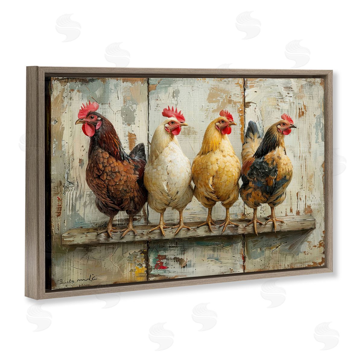Chickens In A Row Brown Floating Frame Canvas Wall Art, Home Decor by LSR Design Studio