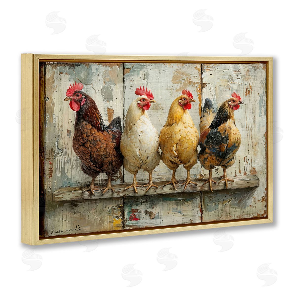 Chickens In A Row Gold Floating Frame Canvas Wall Art, Home Decor by LSR Design Studio