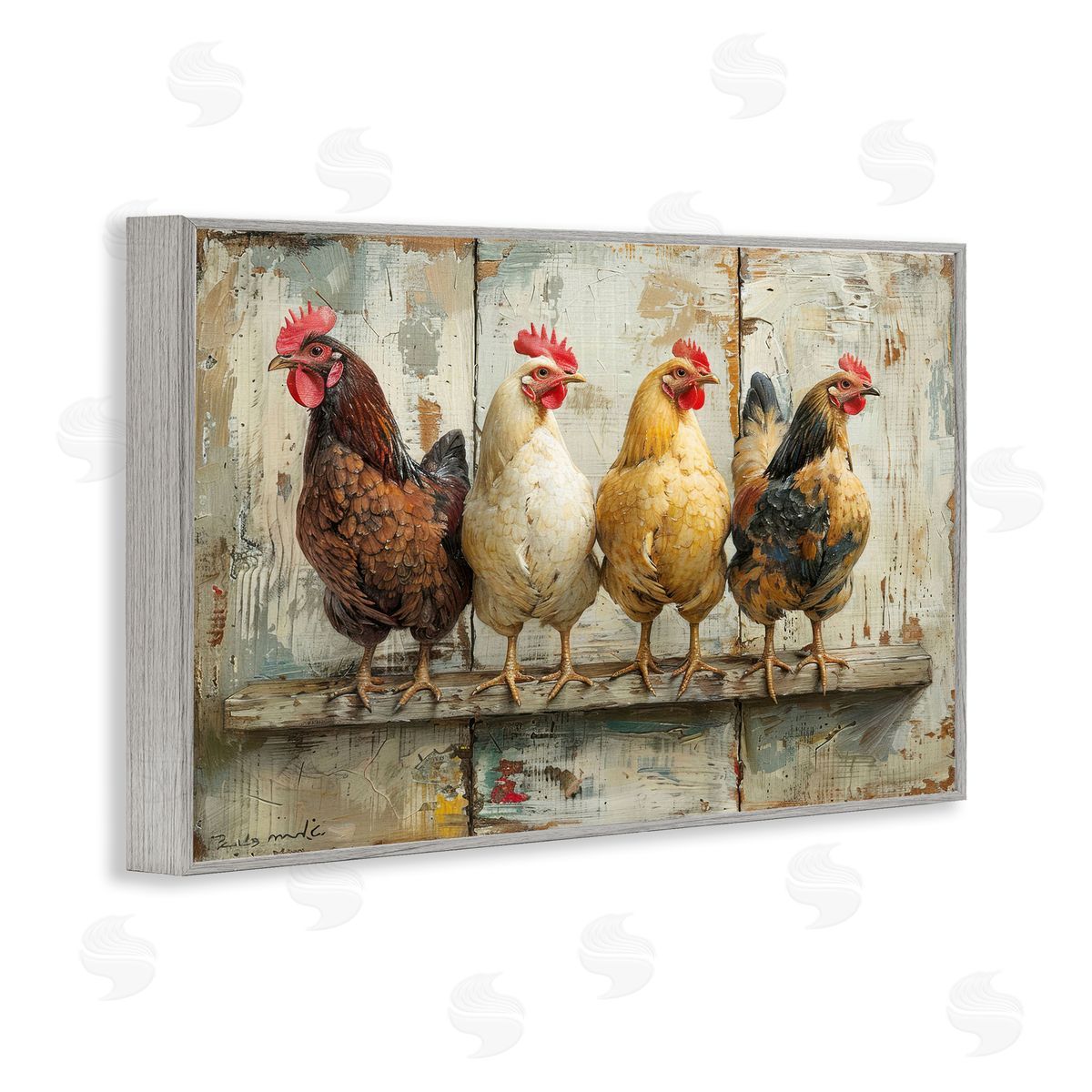 Chickens In A Row Grey Frame Print Wall Art, Home Decor by LSR Design Studio