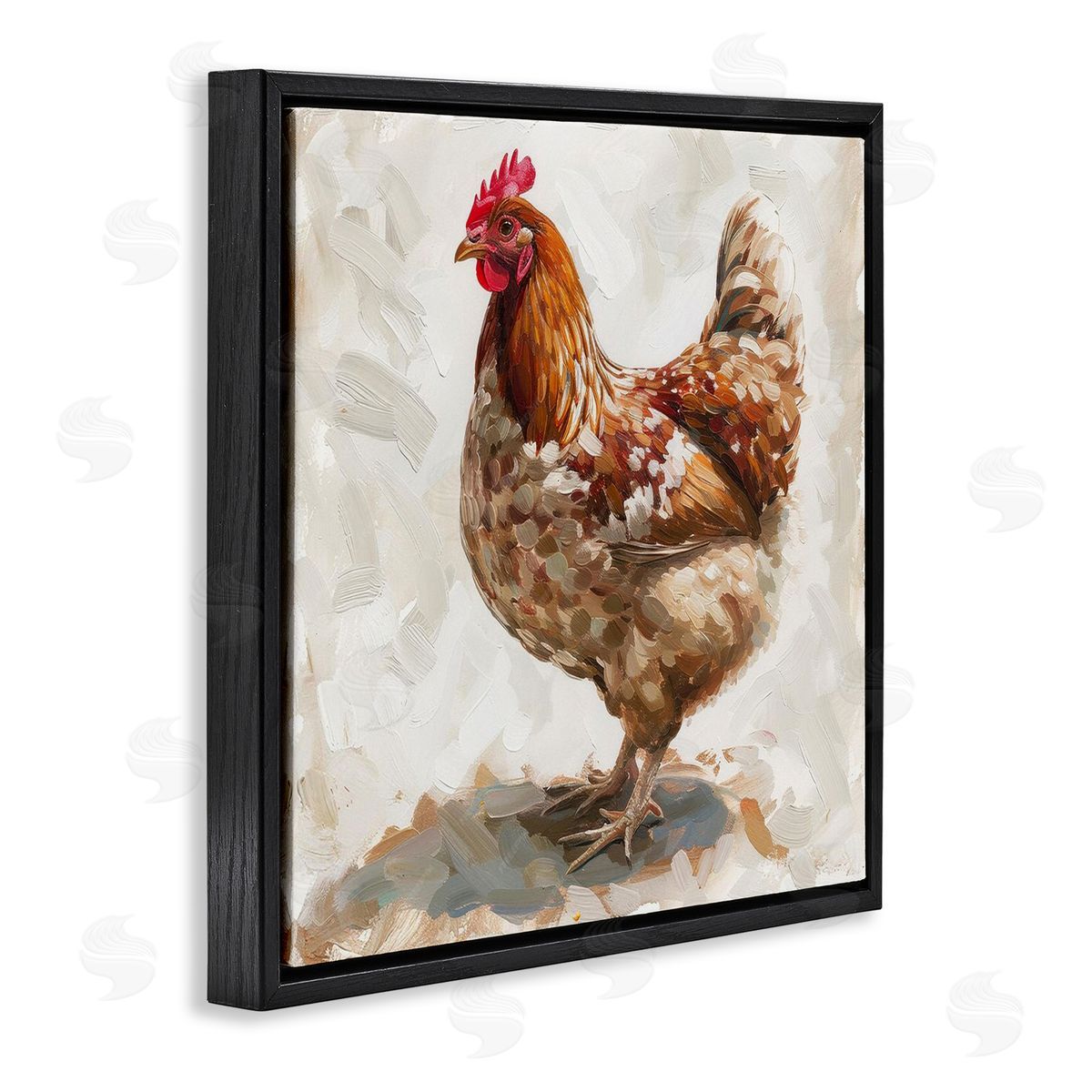 Neutral Chicken on Beige Black Floating Frame Canvas Wall Art, Home Decor by LSR Design Studio