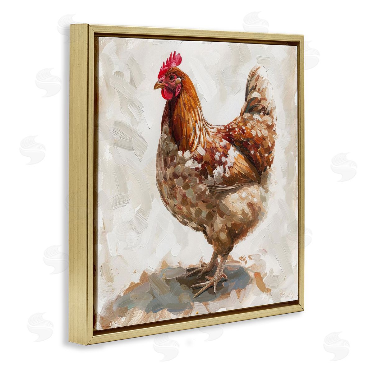 Neutral Chicken on Beige Gold Floating Frame Canvas Wall Art, Home Decor by LSR Design Studio