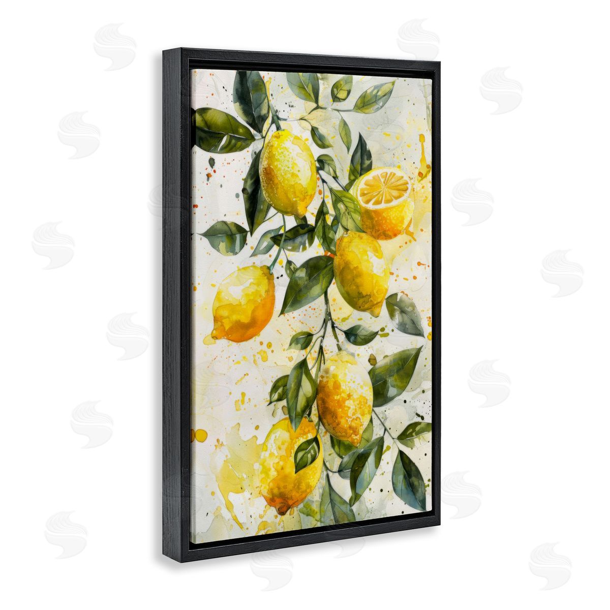 Lemon Watercolor Splashes Black Floating Frame Canvas Wall Art, Home Decor by LSR Design Studio