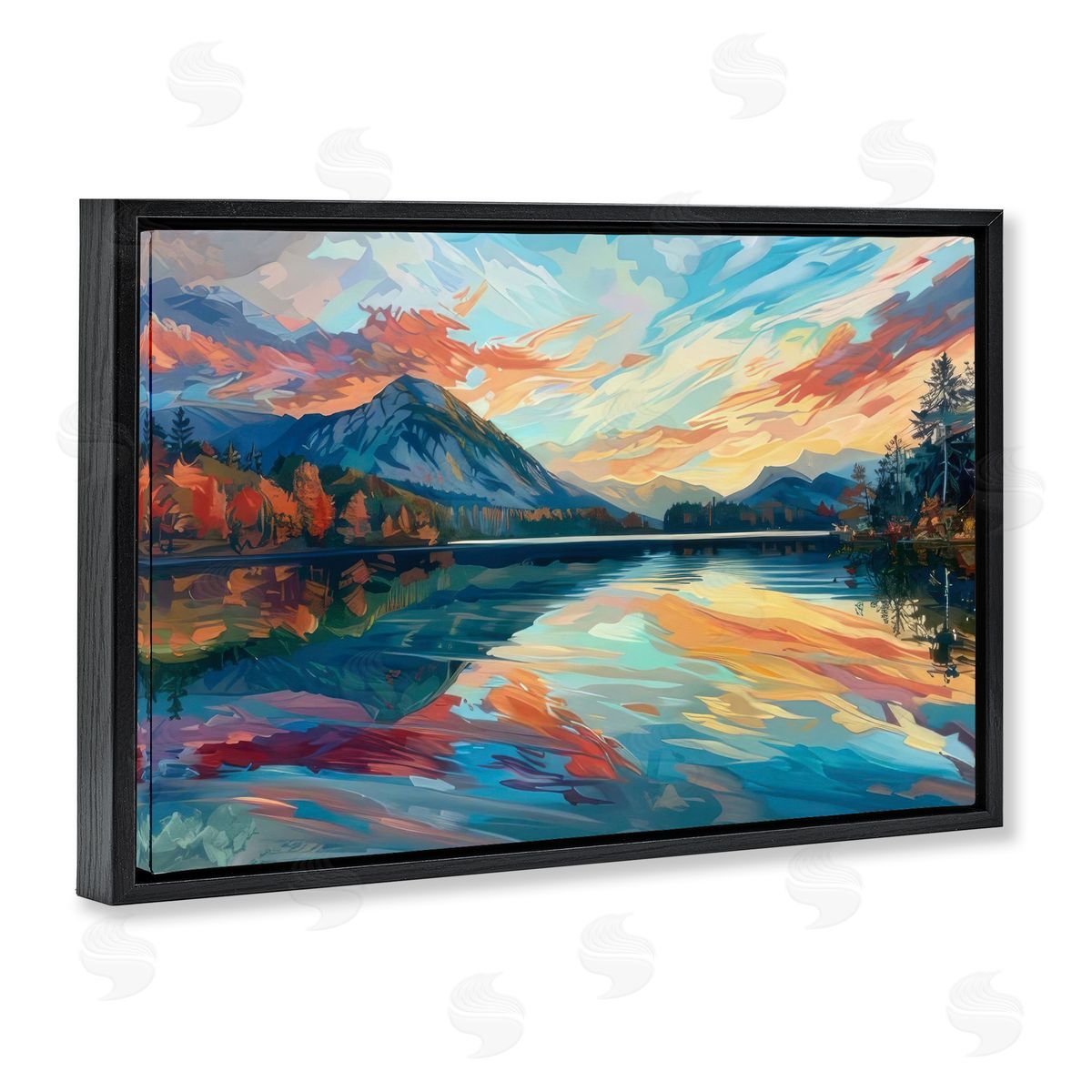 Abstract Swirled Lake & Mountain Black Floating Frame Canvas Wall Art, Home Decor by LSR Design Studio