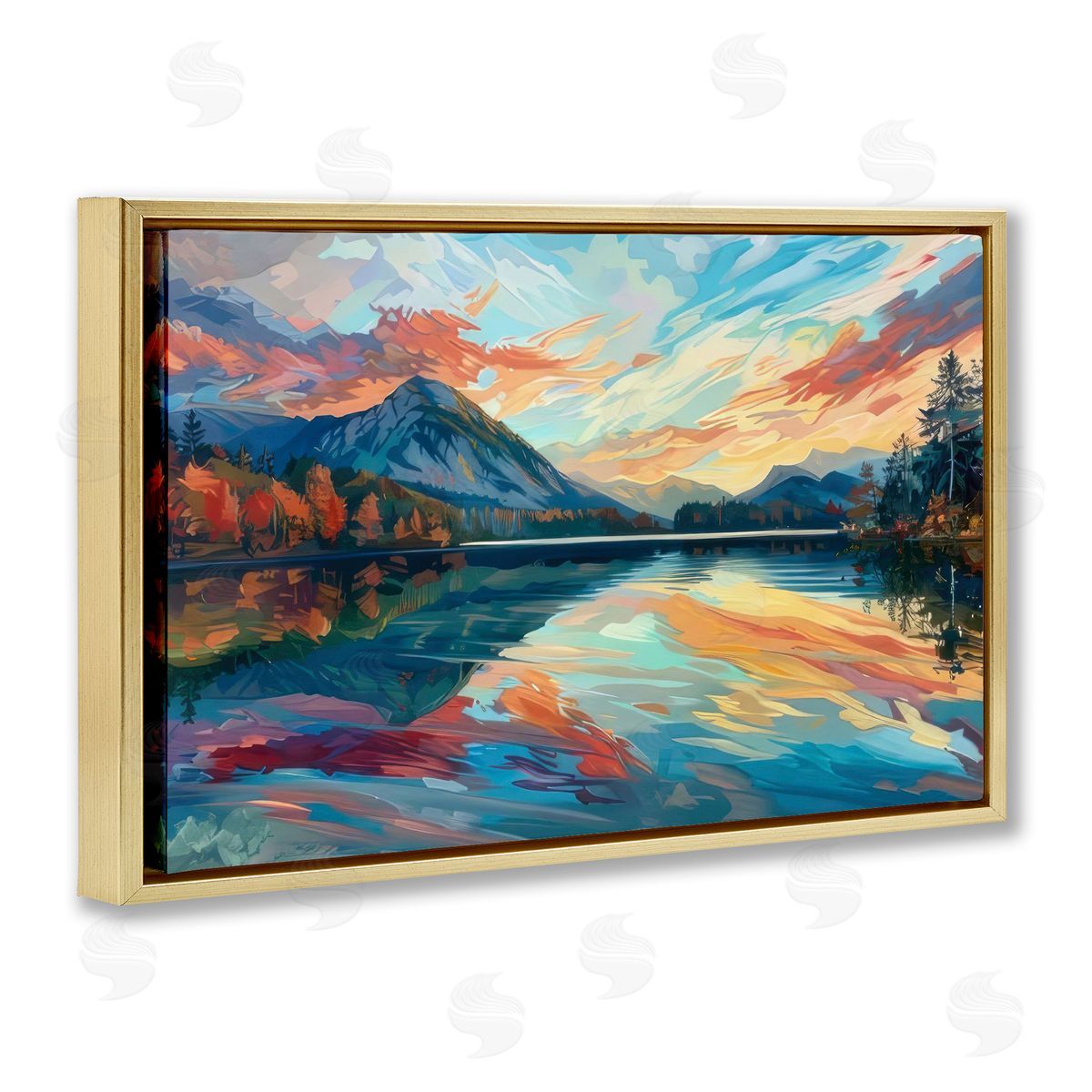 Abstract Swirled Lake & Mountain Gold Floating Frame Canvas Wall Art, Home Decor by LSR Design Studio