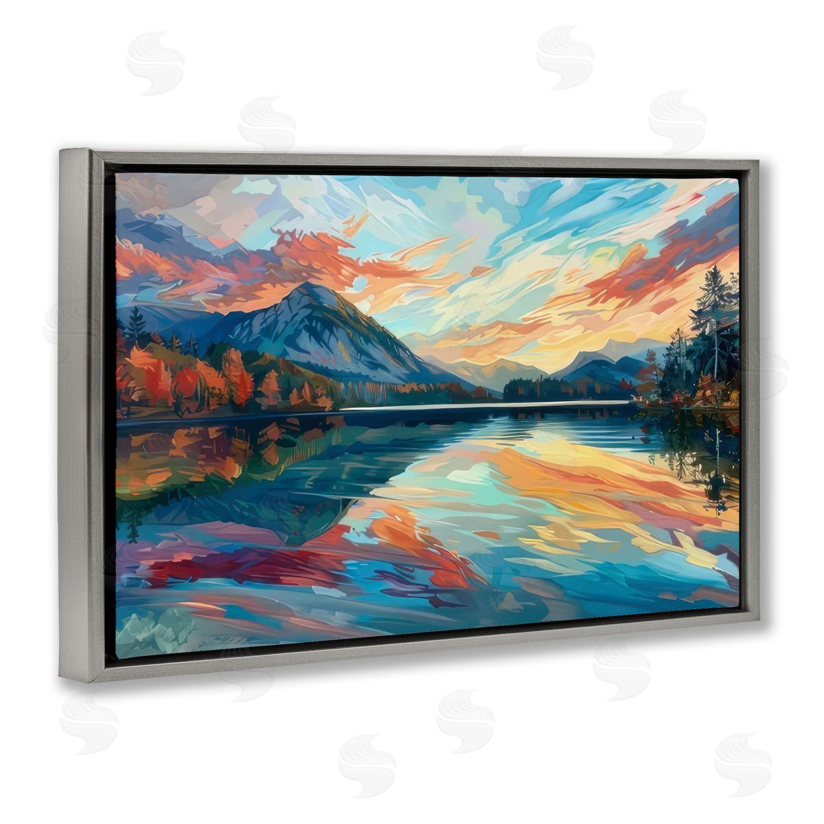 Abstract Swirled Lake & Mountain Grey Floating Frame Canvas Wall Art, Home Decor by LSR Design Studio