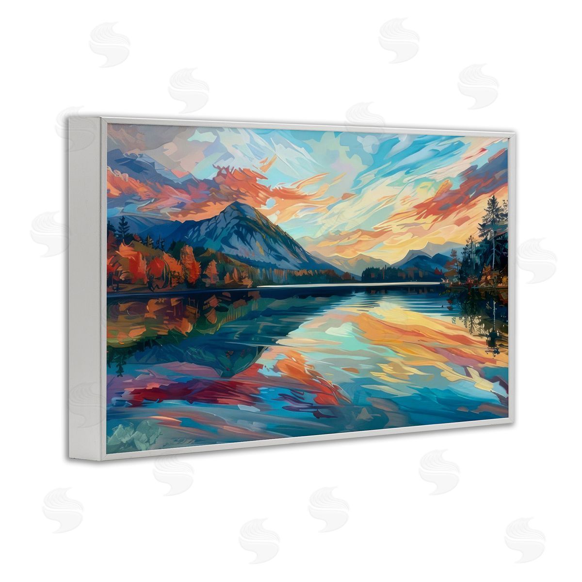 Abstract Swirled Lake & Mountain White Frame Print Wall Art, Home Decor by LSR Design Studio
