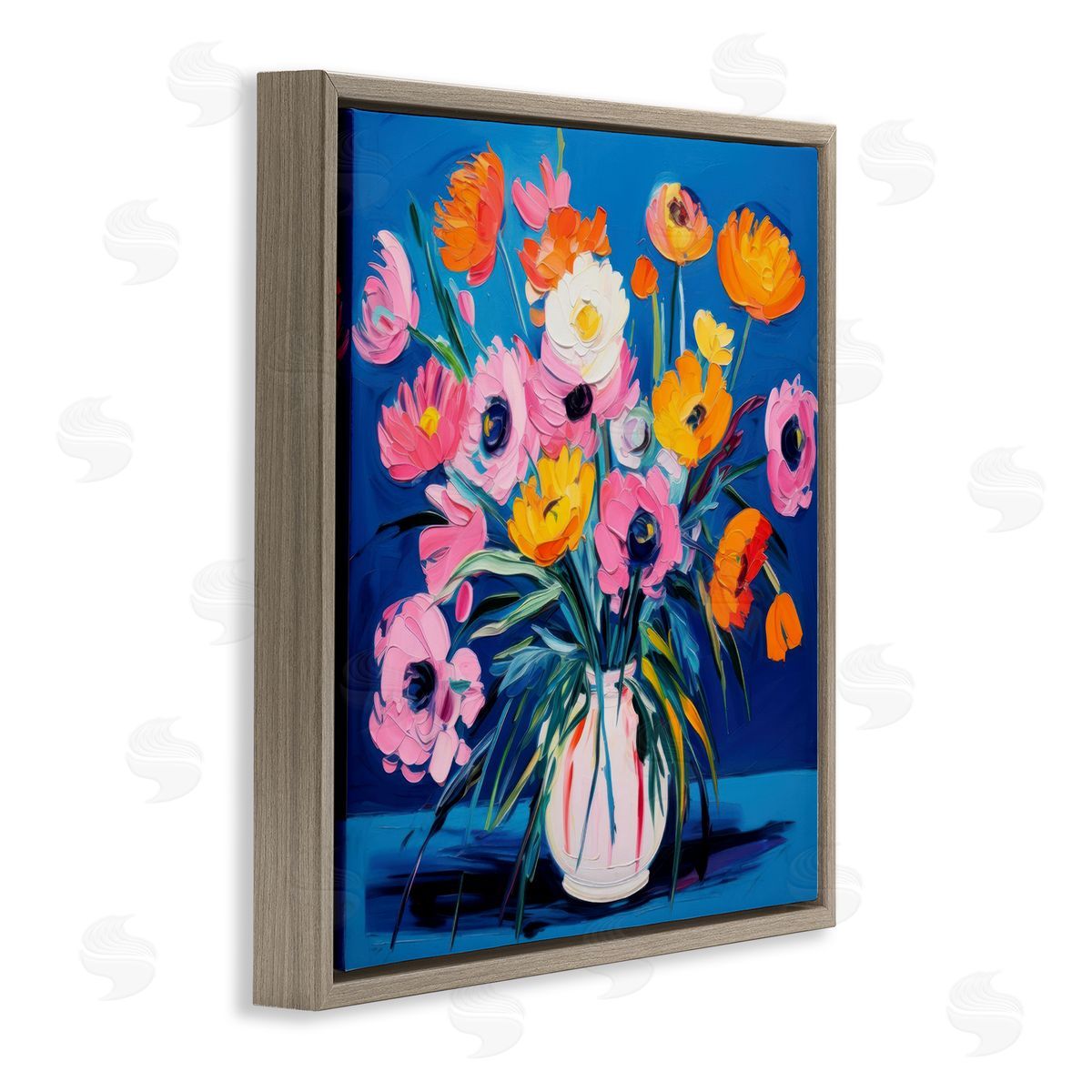 Bright Poppies Bouquet Brown Floating Frame Canvas Wall Art, Home Decor by LSR Design Studio