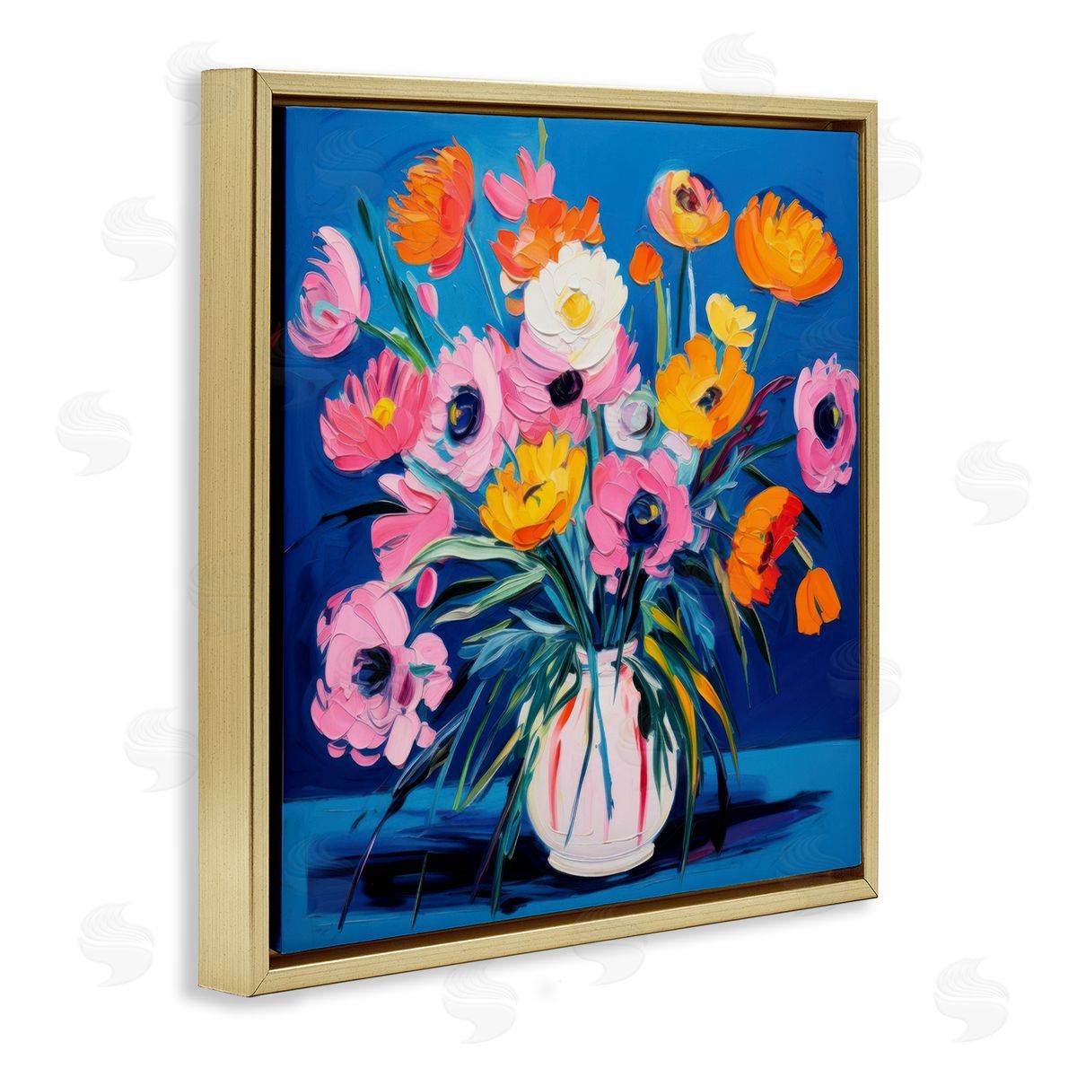 Bright Poppies Bouquet Gold Floating Frame Canvas Wall Art, Home Decor by LSR Design Studio