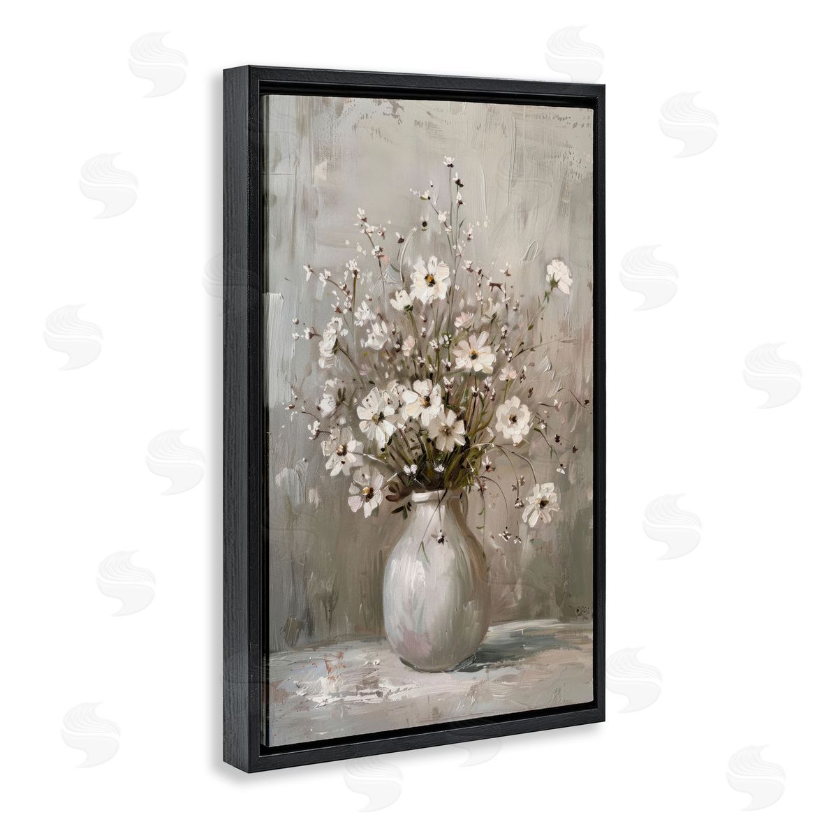Vintage Still Life Daisies Black Floating Frame Canvas Wall Art, Home Decor by LSR Design Studio
