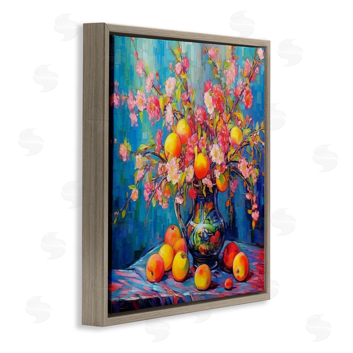 Peach & Florals Bouquet Brown Floating Frame Canvas Wall Art, Home Decor by LSR Design Studio