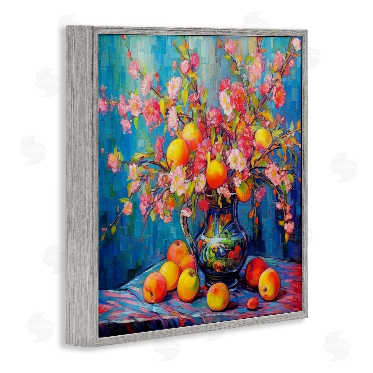 Peach & Florals Bouquet Grey Frame Print Wall Art, Home Decor by LSR Design Studio