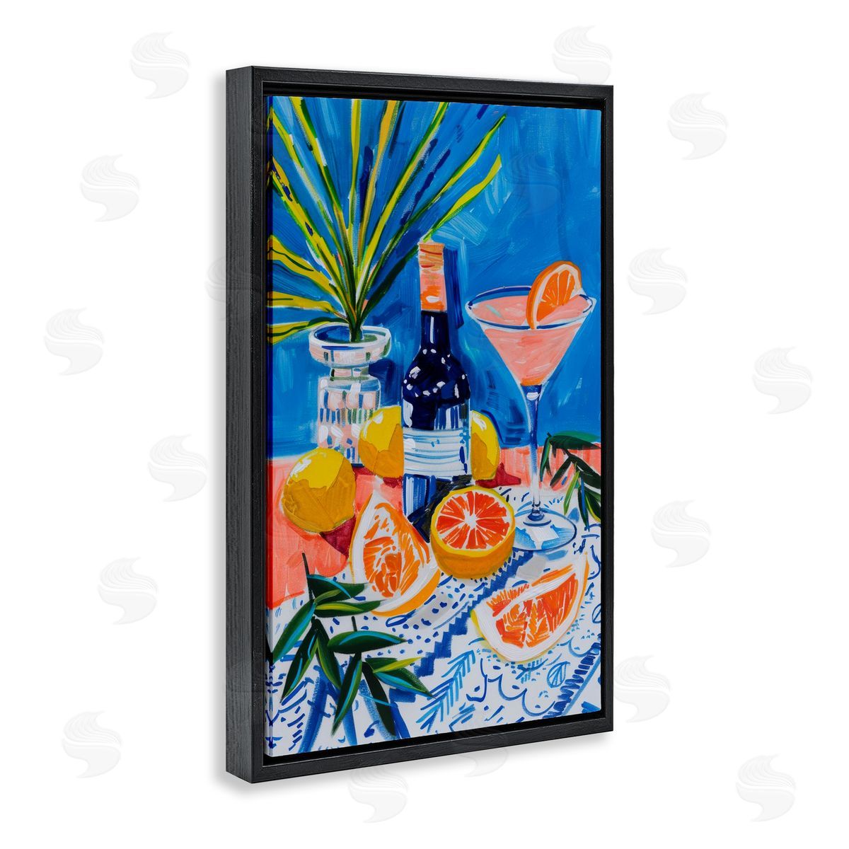 Wine Bottle & Citrus Black Floating Frame Canvas Wall Art, Home Decor by LSR Design Studio