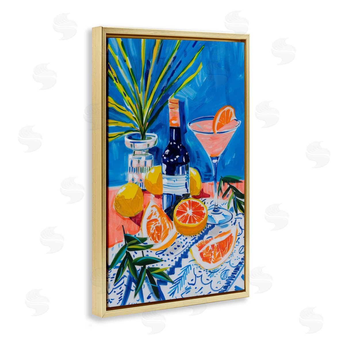 Wine Bottle & Citrus Gold Floating Frame Canvas Wall Art, Home Decor by LSR Design Studio