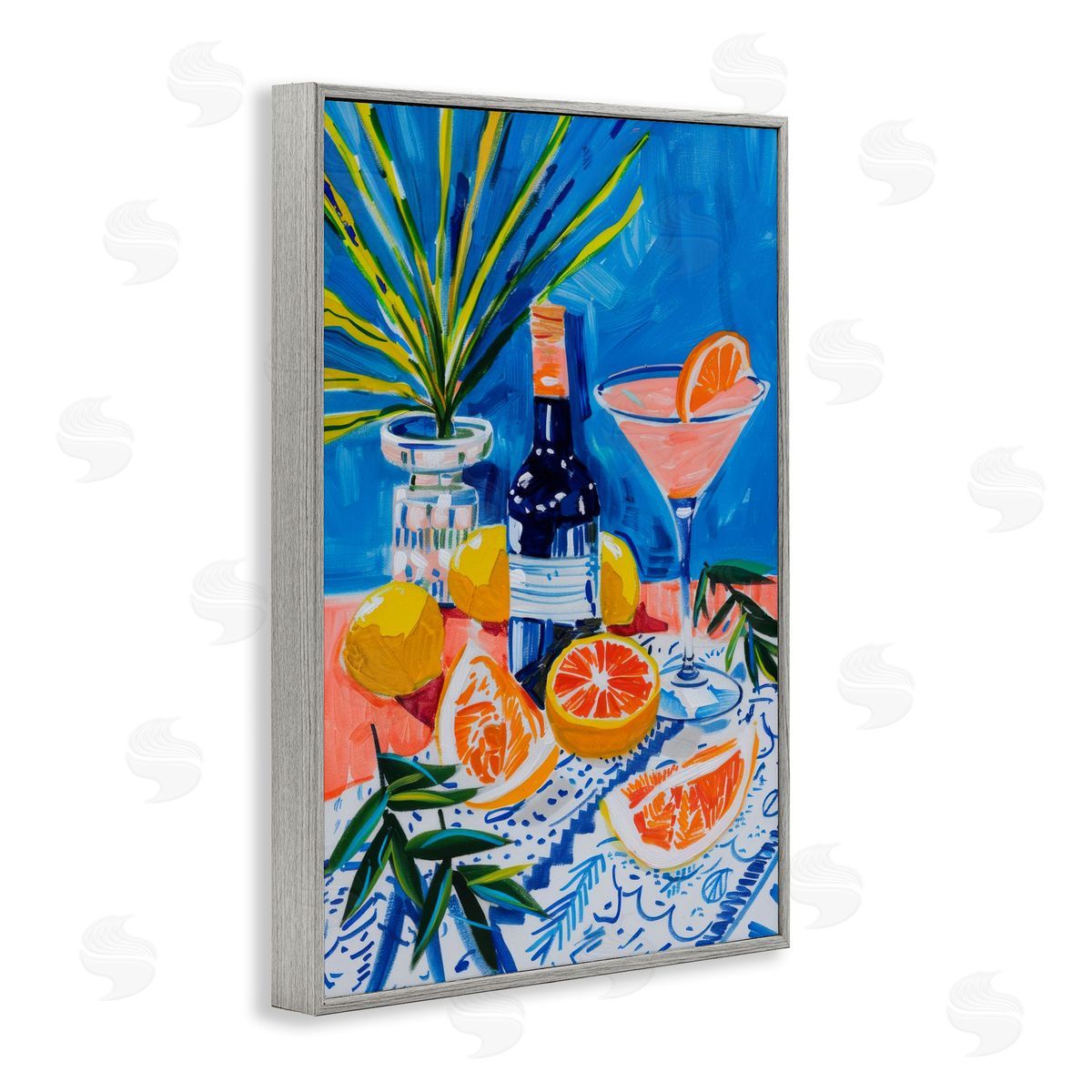 Wine Bottle & Citrus Grey Frame Print Wall Art, Home Decor by LSR Design Studio
