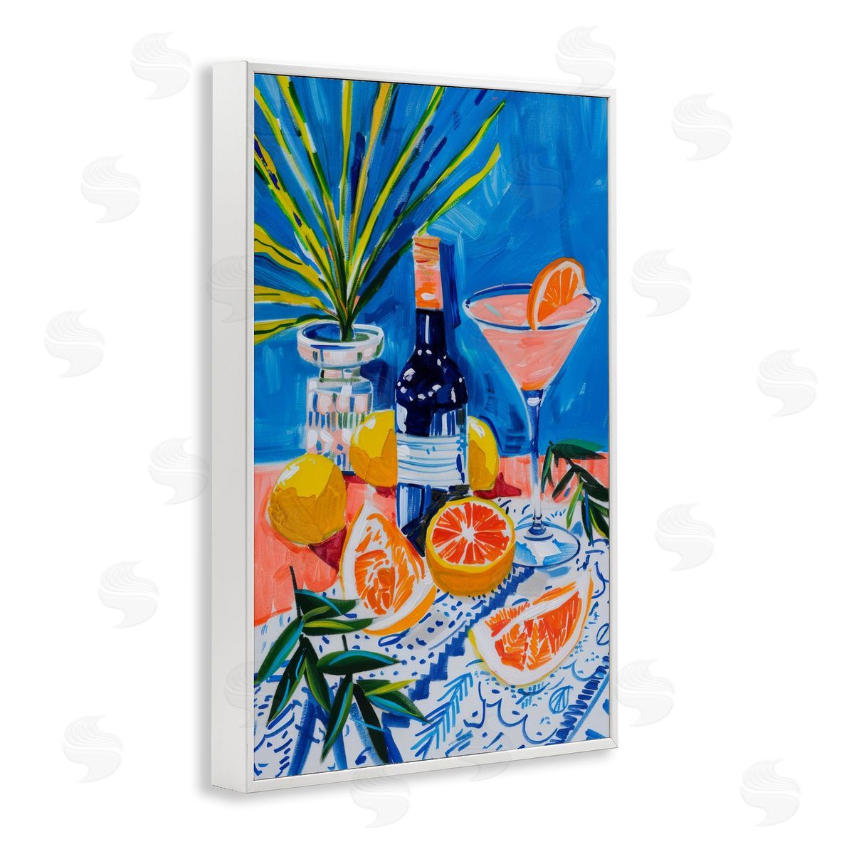 Wine Bottle & Citrus White Frame Print Wall Art, Home Decor by LSR Design Studio