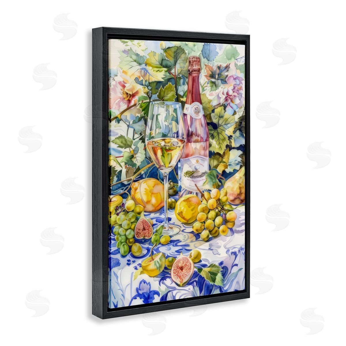 Grape Vines Wine Glass Black Floating Frame Canvas Wall Art, Home Decor by LSR Design Studio