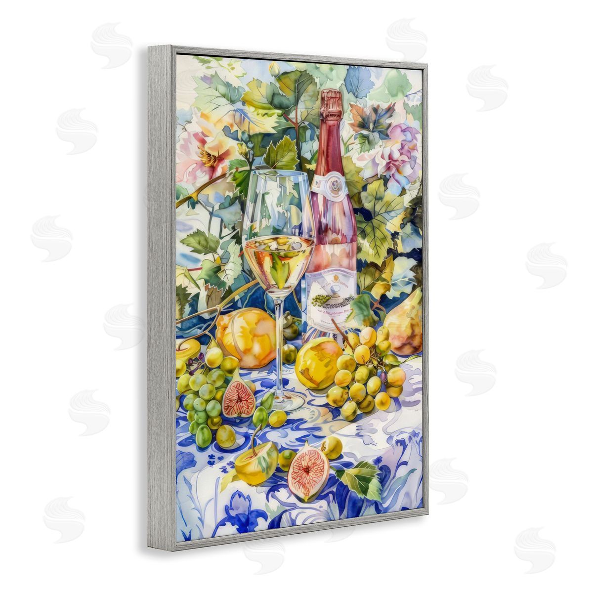 Grape Vines Wine Glass Grey Frame Print Wall Art, Home Decor by LSR Design Studio