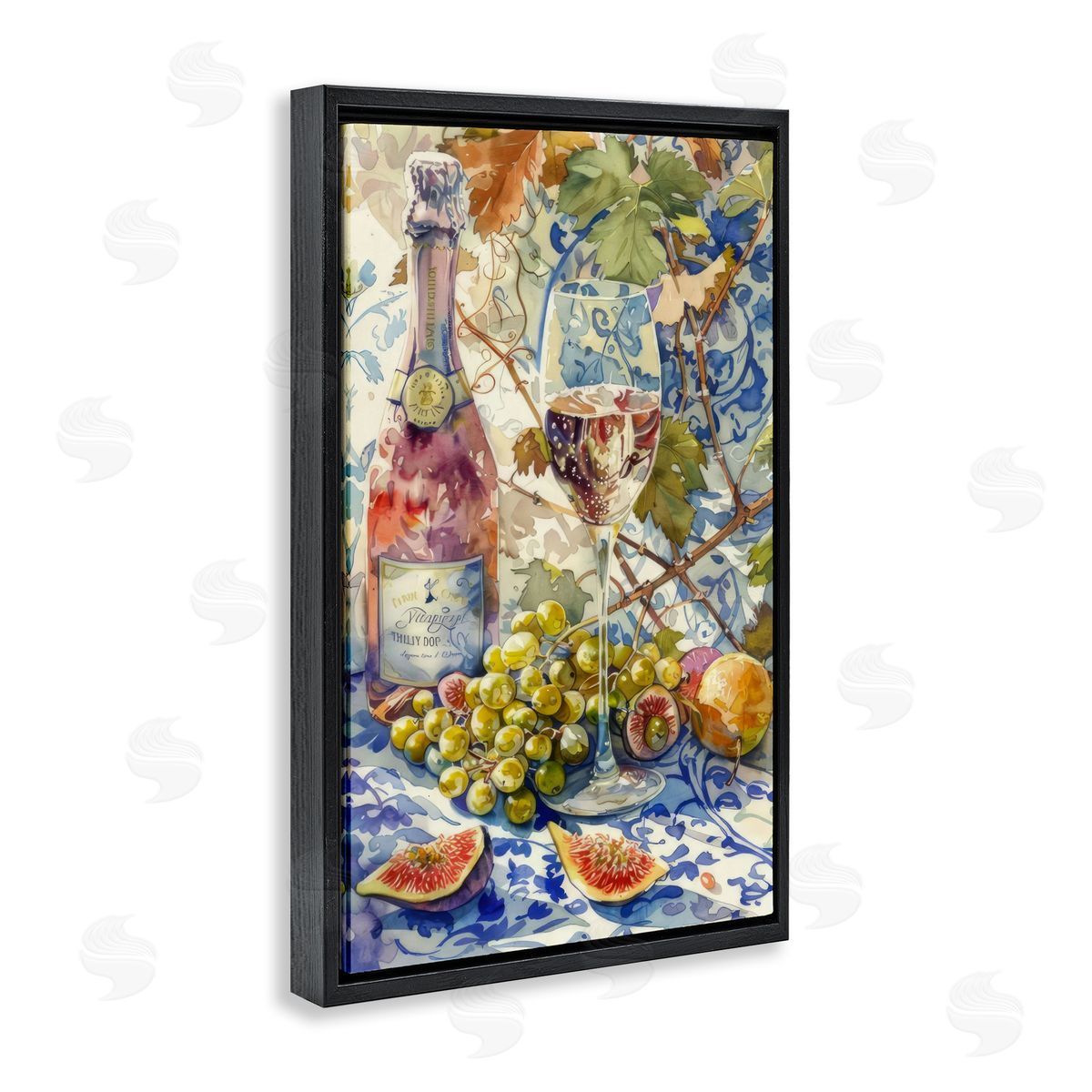 Grapes & Wine Bottle Black Floating Frame Canvas Wall Art, Home Decor by LSR Design Studio