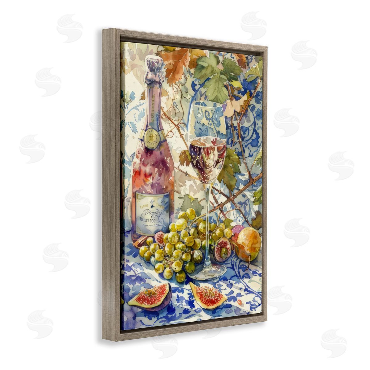 Grapes & Wine Bottle Brown Floating Frame Canvas Wall Art, Home Decor by LSR Design Studio