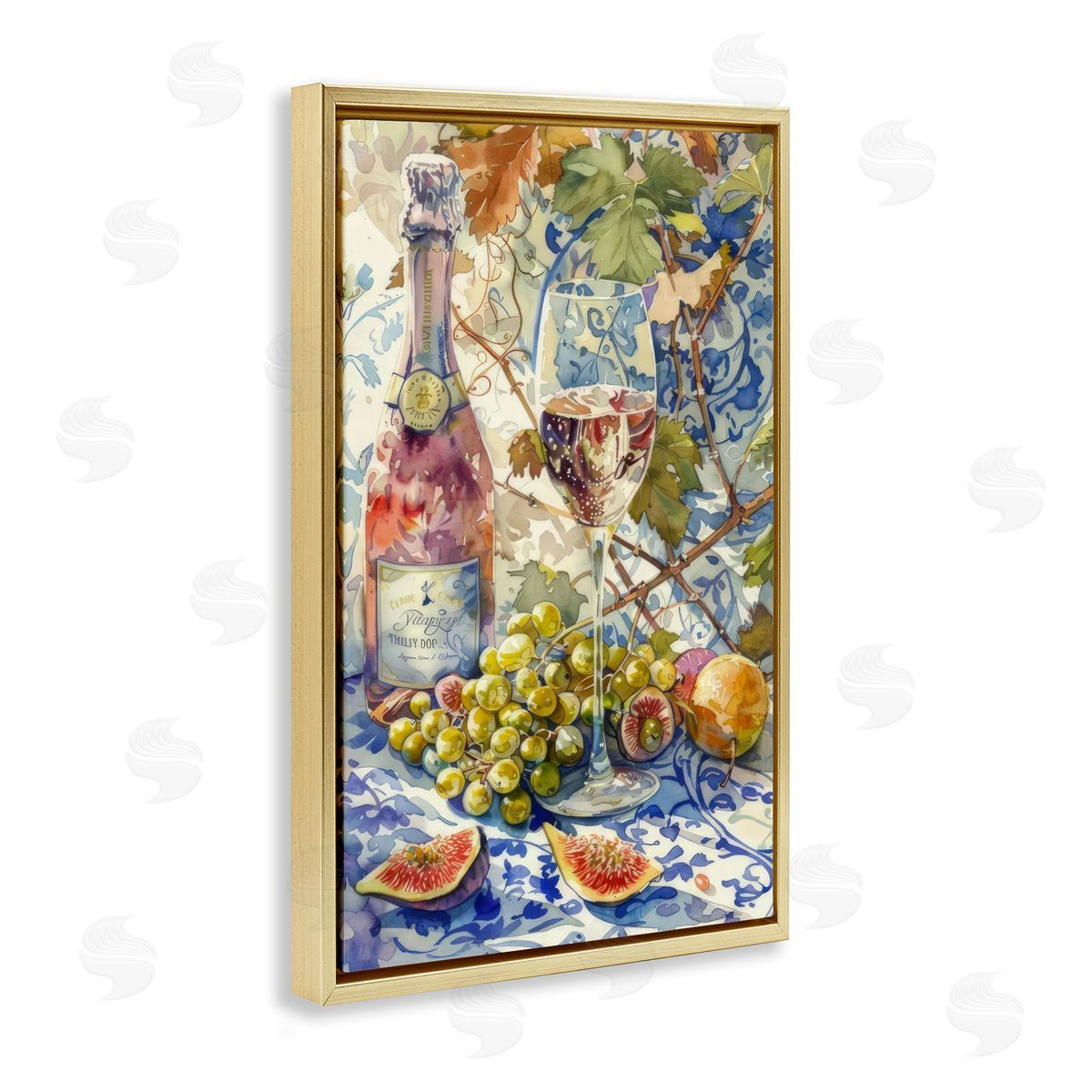 Grapes & Wine Bottle Gold Floating Frame Canvas Wall Art, Home Decor by LSR Design Studio