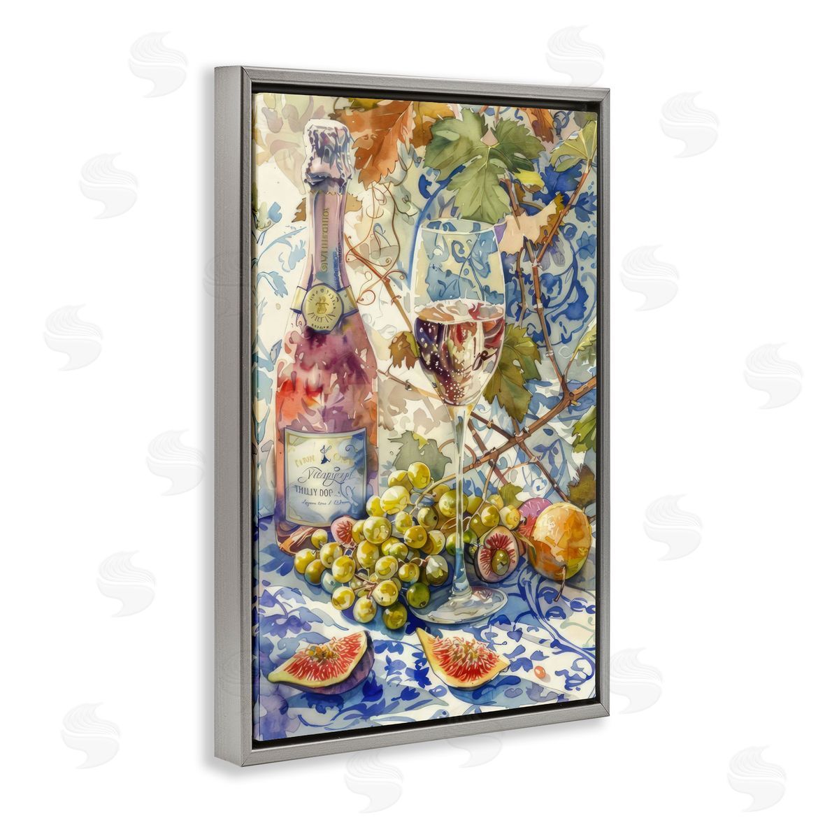 Grapes & Wine Bottle Grey Floating Frame Canvas Wall Art, Home Decor by LSR Design Studio