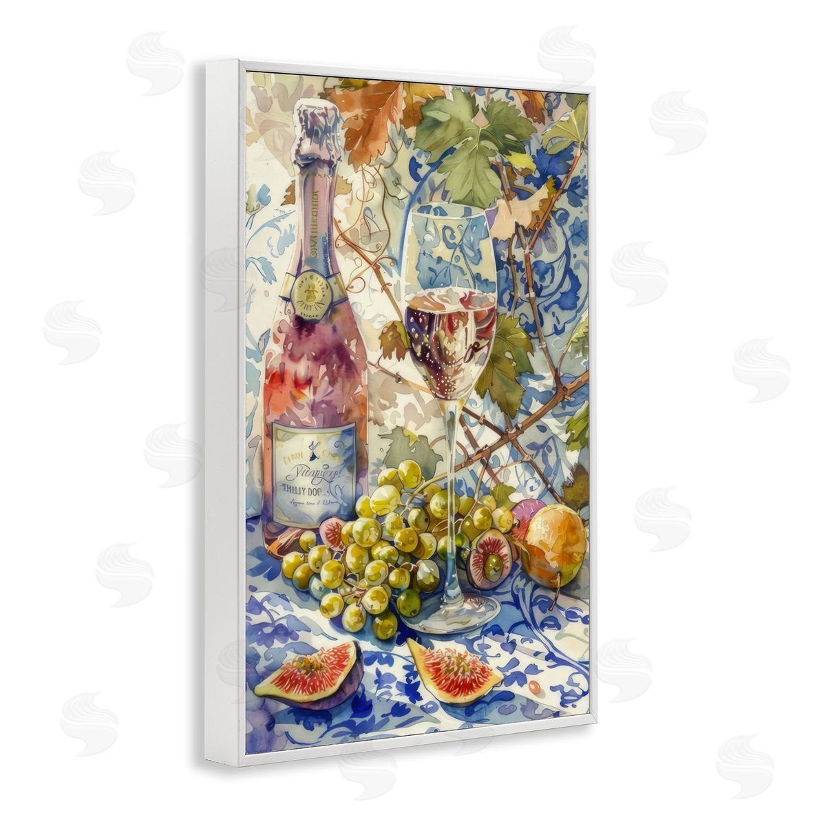 Grapes & Wine Bottle White Frame Print Wall Art, Home Decor by LSR Design Studio