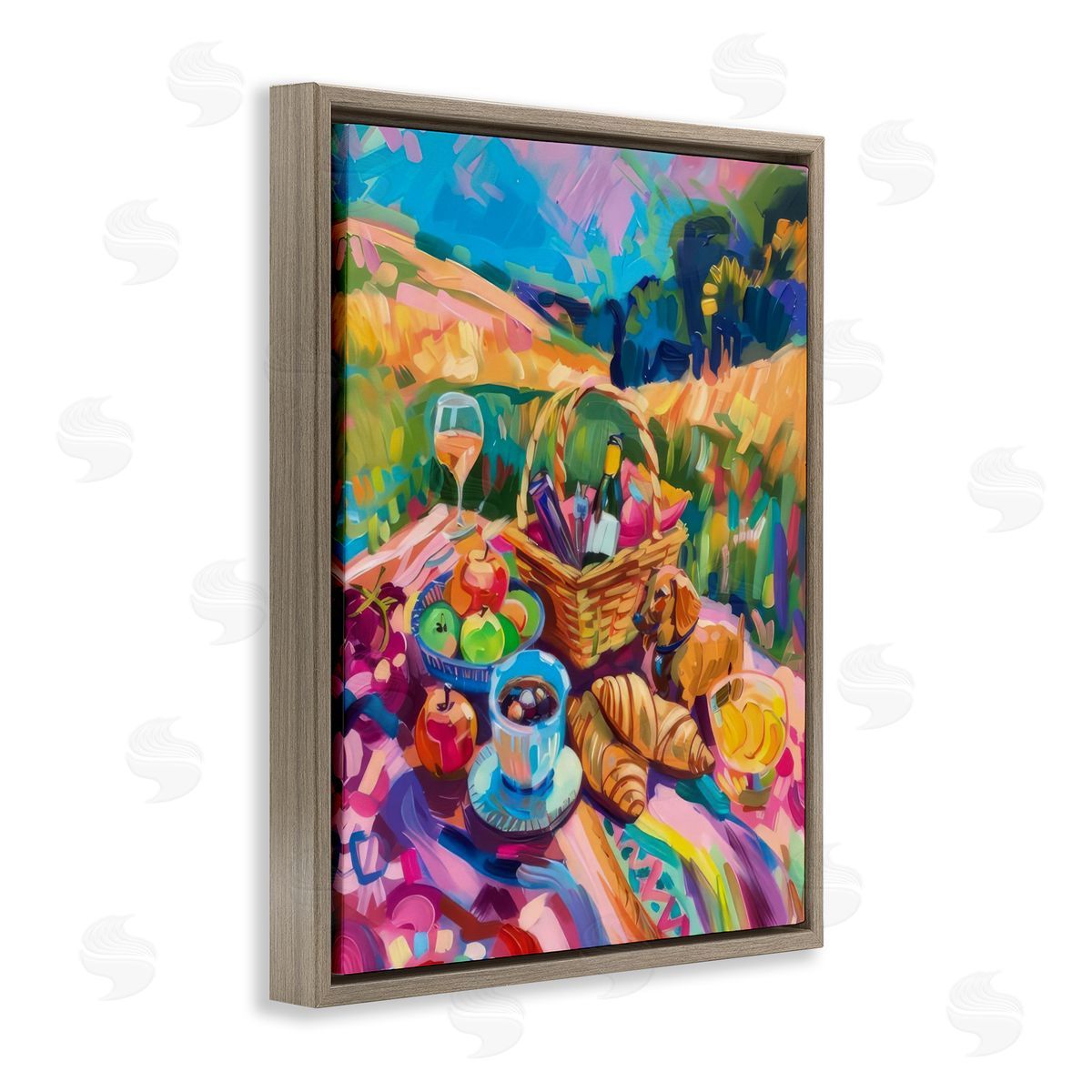 Bright Impressionist Picnic Brown Floating Frame Canvas Wall Art, Home Decor by LSR Design Studio
