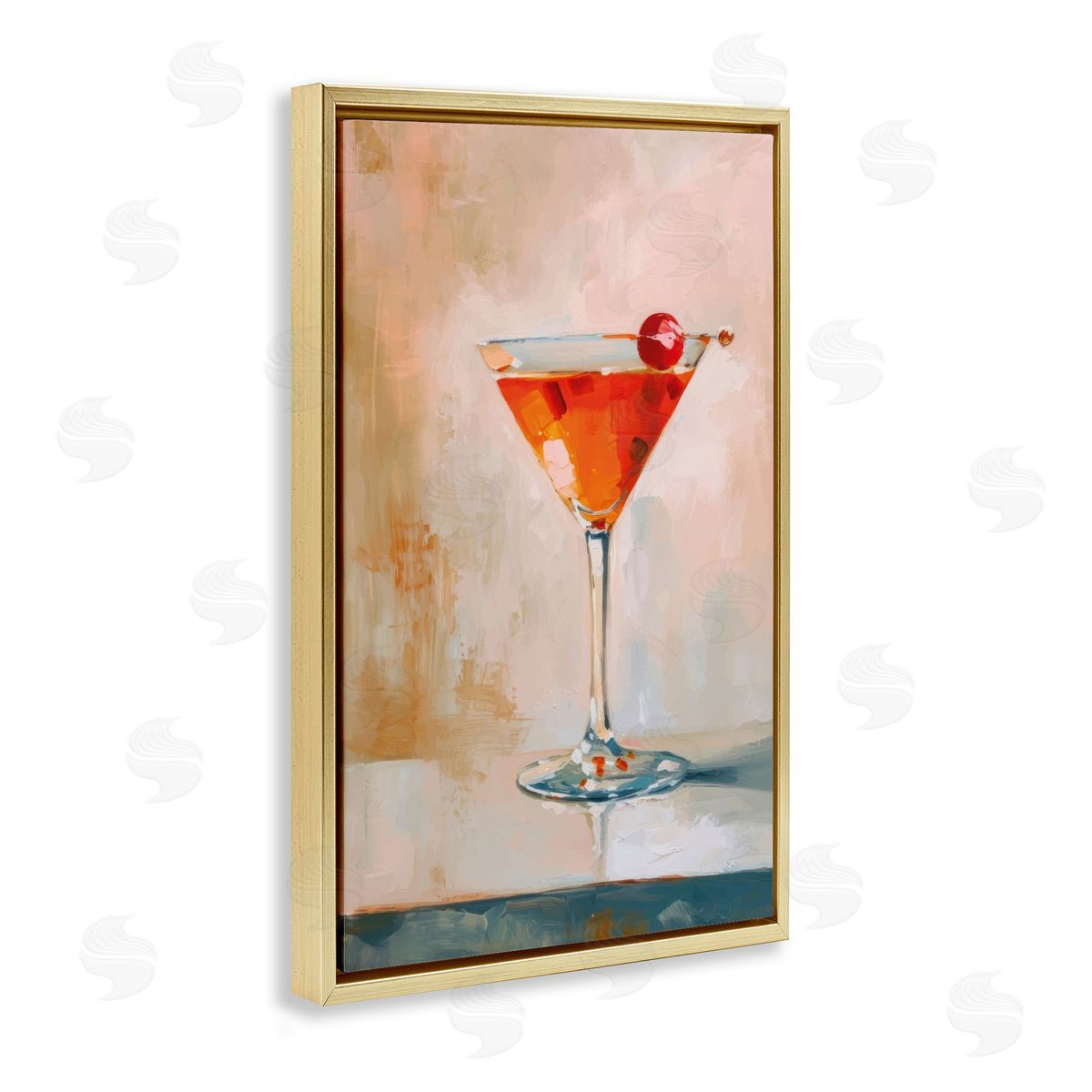 Manhattan Cocktail with Cherry Gold Floating Frame Canvas Wall Art, Home Decor by LSR Design Studio
