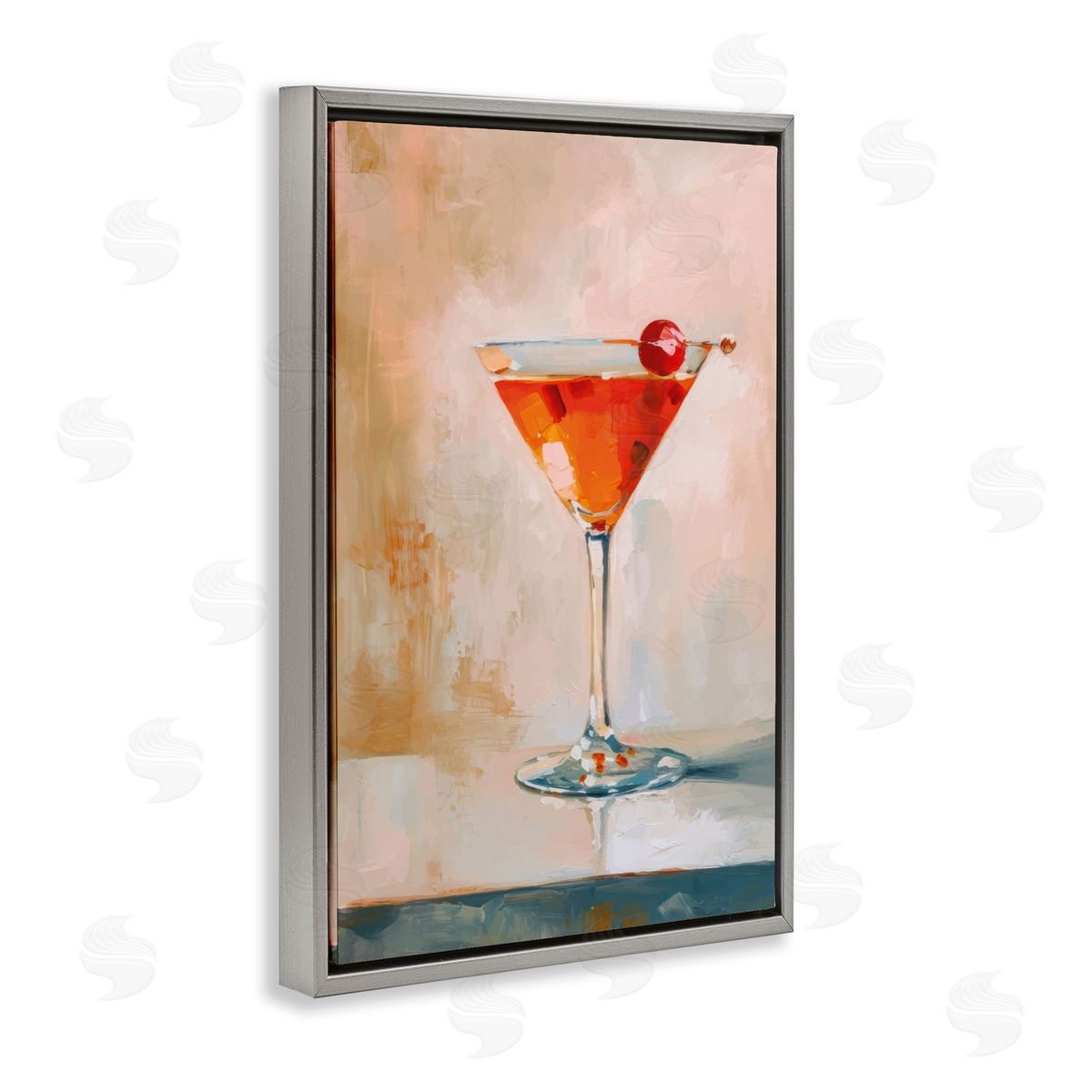 Manhattan Cocktail with Cherry Grey Floating Frame Canvas Wall Art, Home Decor by LSR Design Studio